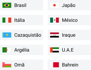 Países: Brasil, Itália, Cazaquistão, Argélia, Omã, Japão, México, Iraque, U.A.E, Bahrein